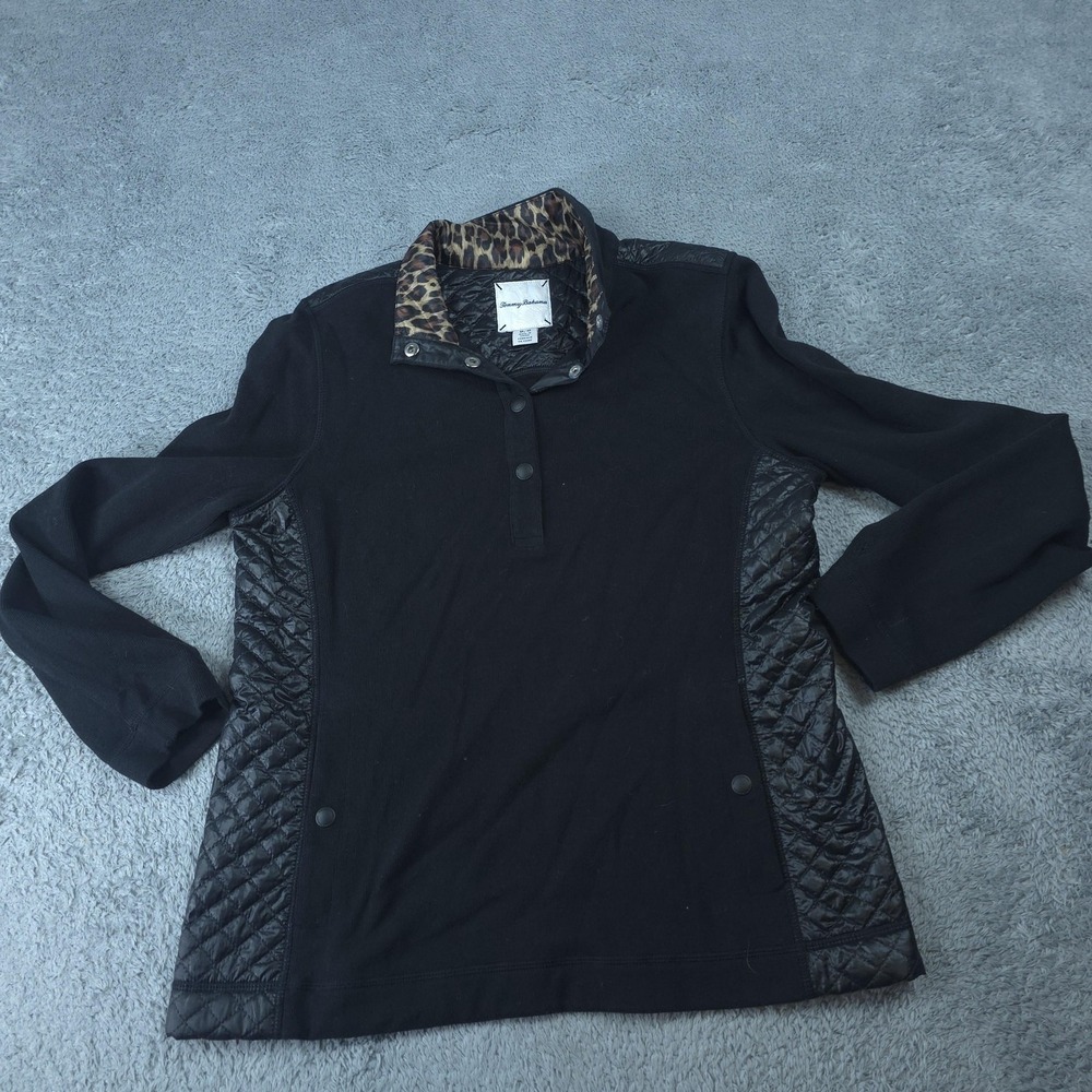 Tommy Bahama Sweater Womens Medium Black Quilted Panels Leopard Collar Pullover
